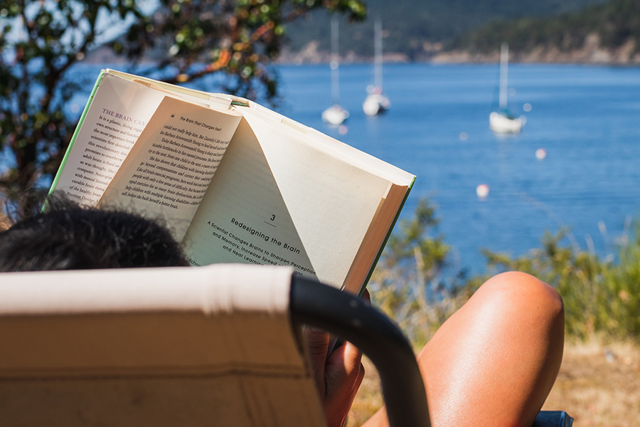 someone reading a book on the beach