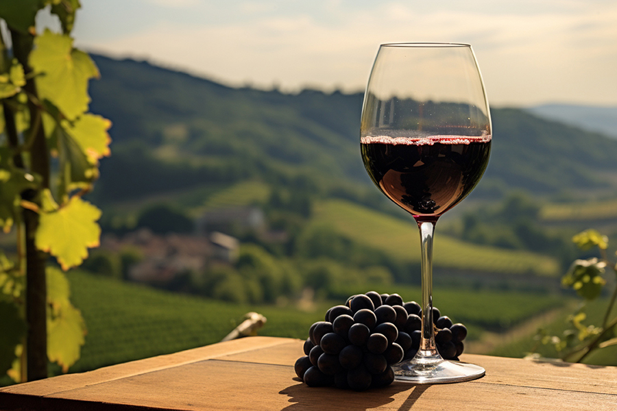 Un vaso de vino tinto junto a uvas en una mesa.