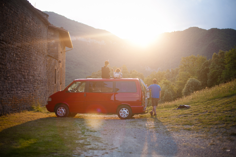 mountain sunset camper friends