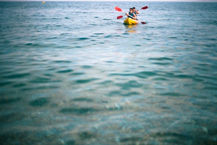 Kayaks for rent in front of the campsite in Pineda de Mar